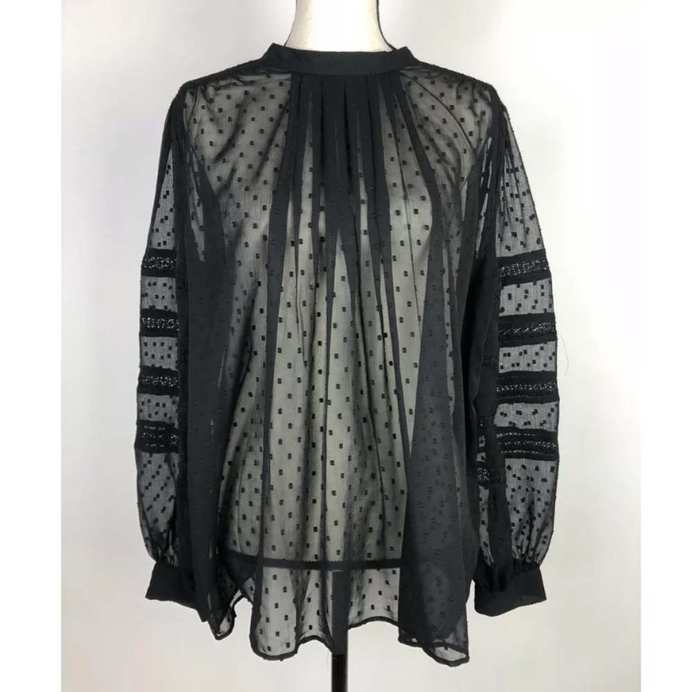 Ann Taylor Black Sheer Swiss Dot Peasant Blouse
